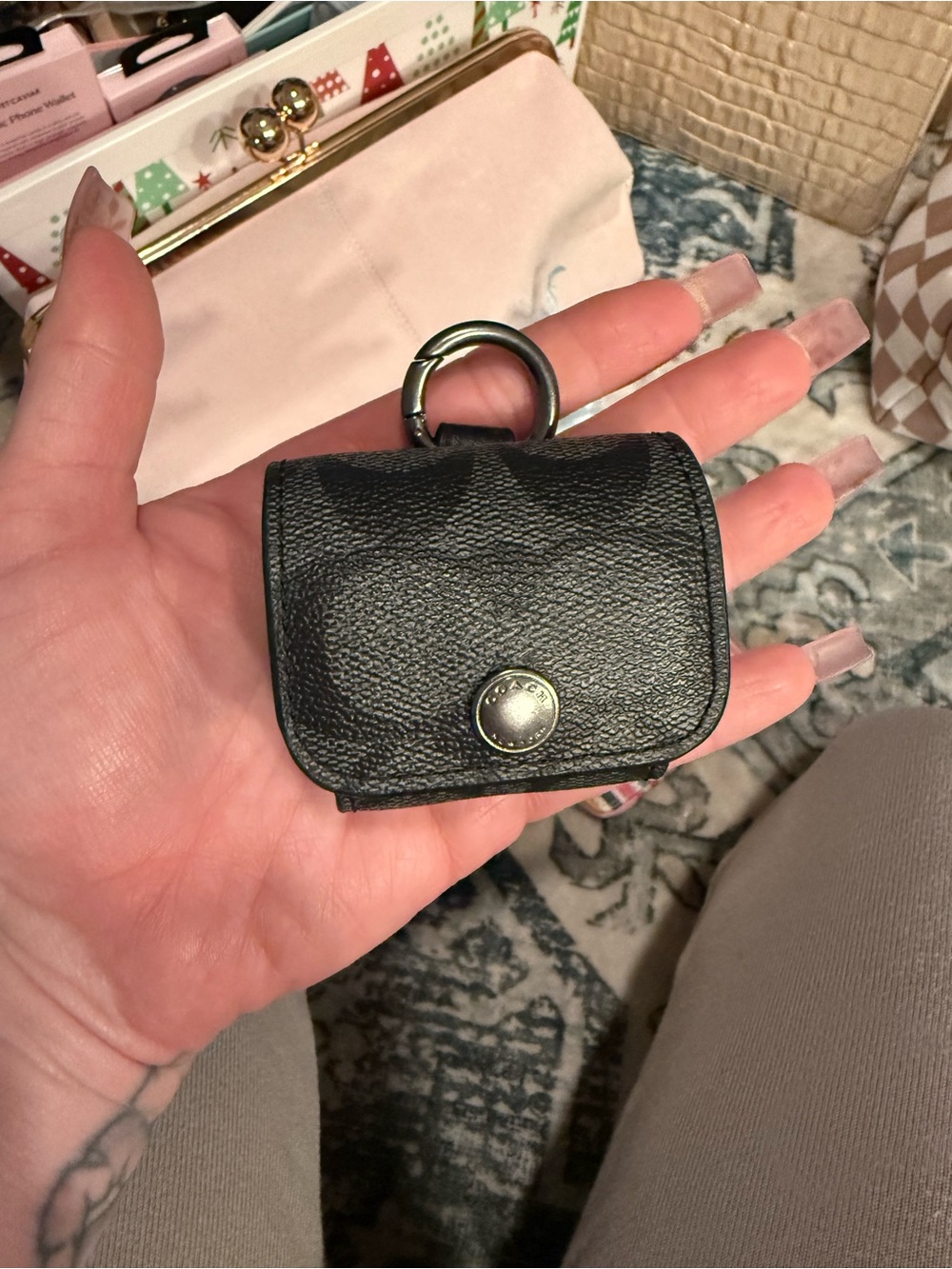 Coach Black Leather AirPod case Mini Key Pouch NWT